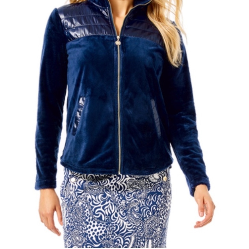 EUC Lilly Pulitzer Leona Plush Zip Up Jacket Navy